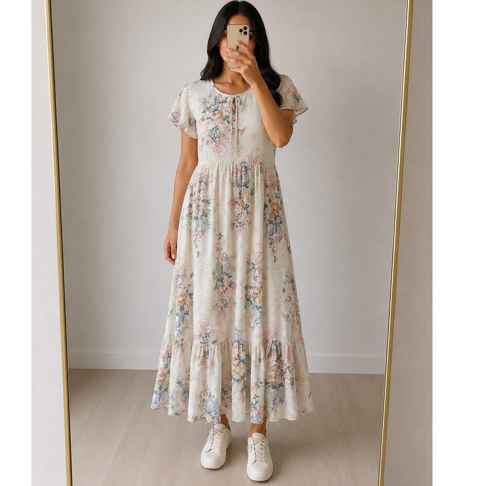 Sukanya 🌿Floral Boho Maxi Dress Women’s Large Cottagecore Prairie Tie Back